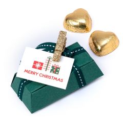 Cajita piramidal verde con tarjeta M.Christmas 2 cora-chocs