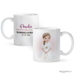 Taza cerámica Primera Comunión niña con rosario disponible en otros idiomas
