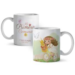 Taza niña Comunión, niña en bici en caja regalo