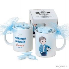 Taza niño Comunión con pelota,7caramelos en caja regalo