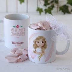 Taza cerámica niña Comunión en caja regalo con 7 caramelos