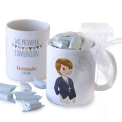 Taza cerámica niño Comunión en caja regalo con 7 caramelos