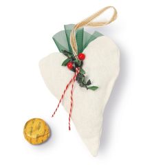 Cojín corazón con colgante decorado acebo y 1 bombón min 12