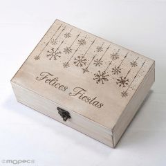 Cofre madera Navidad diseño de copos de nieve, personalizable