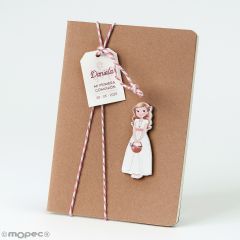 Libreta con figura adhesiva niña Comunión cesta flores cinta