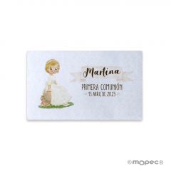 Tarj. precortadas niña Comunión sentada banco 30xhj.,min.5