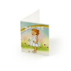 Tarjeta librito arco iris niña vestido blanco, preciox100uds