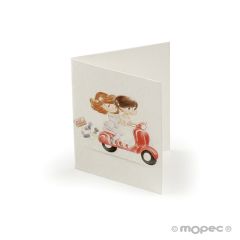 Tarjeta librito Girls Pop&Fun en moto roja, preciox100uds