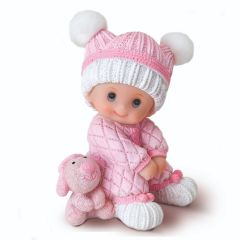 Figura pastel niña bebé sentada con peluche, 10cm.