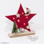 Estrella fieltro 6 LEDS 3bombones con base madera 20cm.