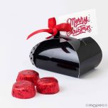 Estuche 3 bombones, negro topos con cinta y tarjeta, 7cm.