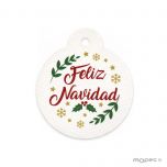 Tarjeta bola de Abeto blanca con orla y texto navideño Ø4,7cm(preciox20u) min.20