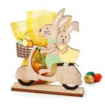 Figura madera Pascua conejitos en moto 10 huevos praliné