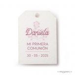Tarjeta Comunión flores rosas rectang. esquinas 2,7X4cm